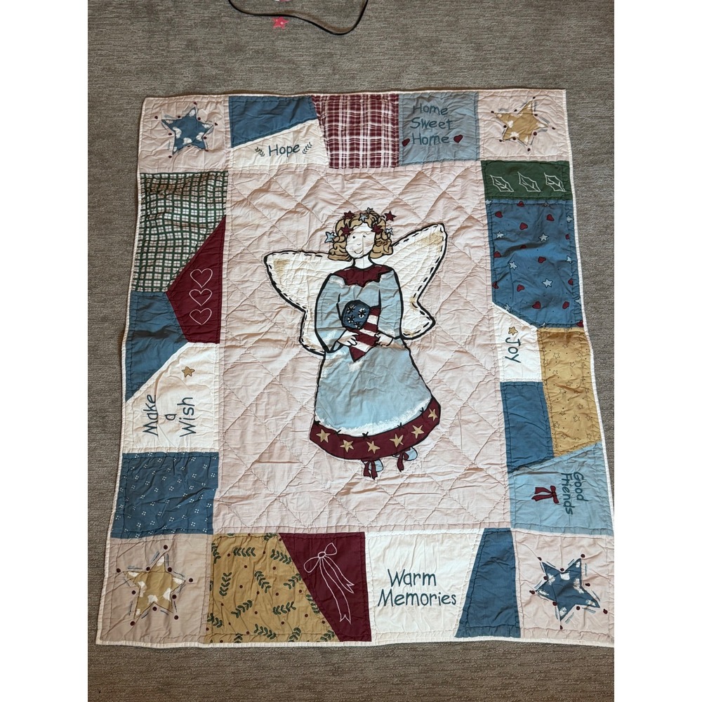 Vintage Primitive Folk Art Angel Patchwork Quilt Throw Americana Country Decor